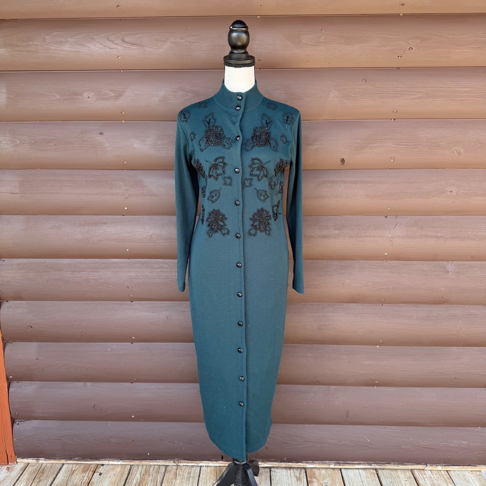 Vtg Liz Claiborne Knit Maxi Dress Womens‎ Petite XS Teal Wool Blend Floral 90s